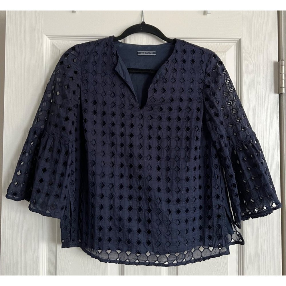 M.D.S Stripes | Navy Eyelet Blouse Sz 0‎